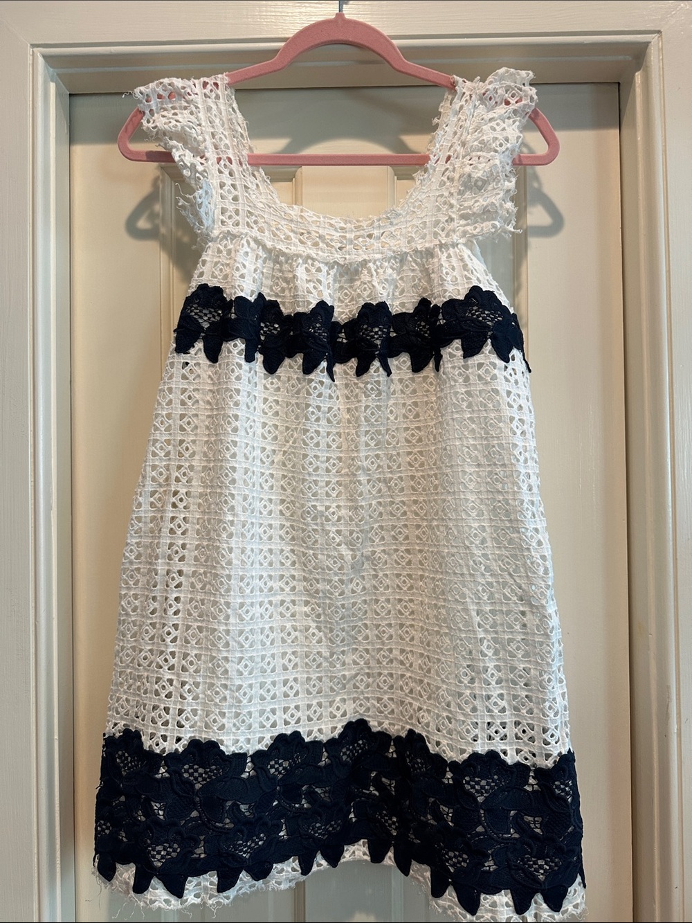 Zara White Eyelet Mini Dress with Navy Lace Trim
